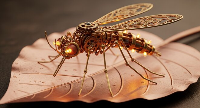 Steampunk mechanical mosquito insect on a copper leaf.