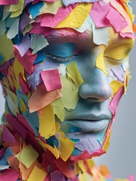 This image shows a human head and upper torso sculpted or covered entirely in layers of colorful paper pieces, 