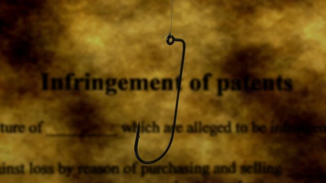 Patent Infringement Concept with Fishing Hook and Legal Document Background