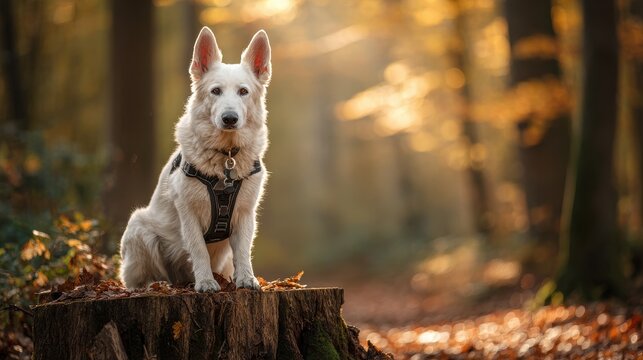 Sunny autumn forest training moment with a white shepherd on an old stump wearing a harness