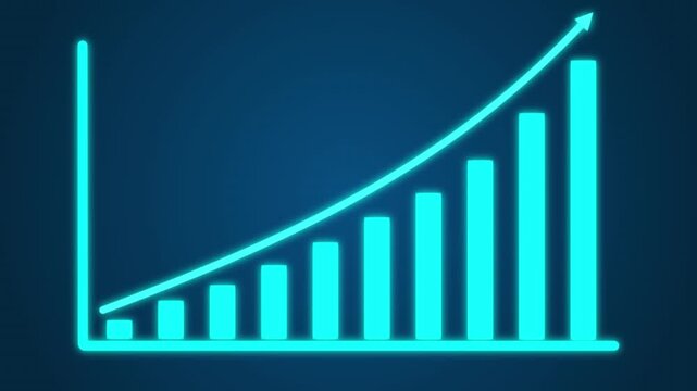Cyan neon line graph starting to rise on dark blue background chart growth