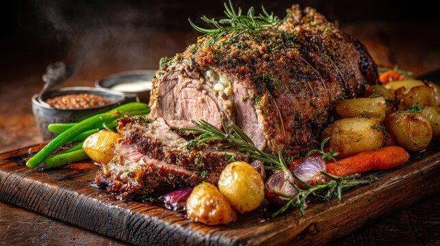 Succulent stuffed leg of lamb served whole, sliced to reveal savory stuffing, golden crust
