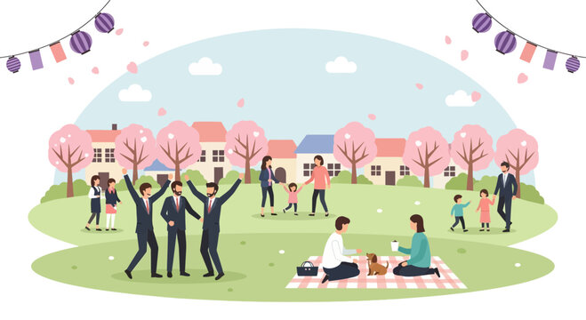 A diverse group of people enjoying a festive outdoor spring picnic in a park.