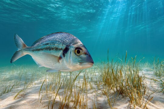 Underwater close-up of a seabream with silver body and two dark bands