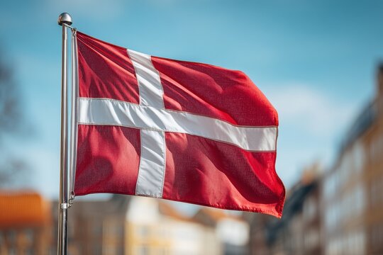 Red Danish flag with white Nordic cross waving in sunlight outdoors