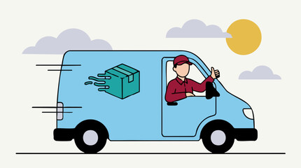 Delivery van with driver giving thumbs up, express shipping concept illustration © Graphixel