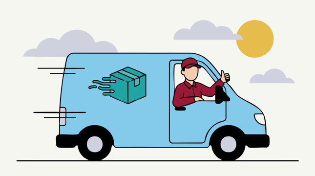 Delivery van with driver giving thumbs up, express shipping concept illustration