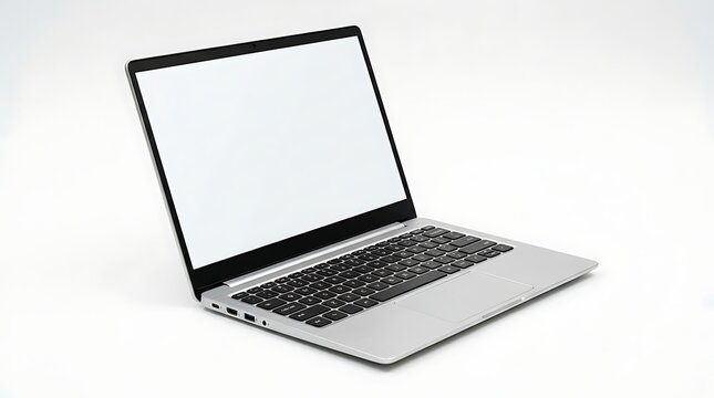 Silver laptop computer with open screen on a white surface