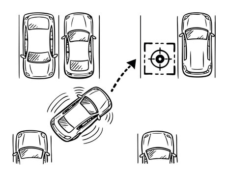 Automated car parking into a space with smart technology. Autonomous vehicle diagram explaining self-parking assist function