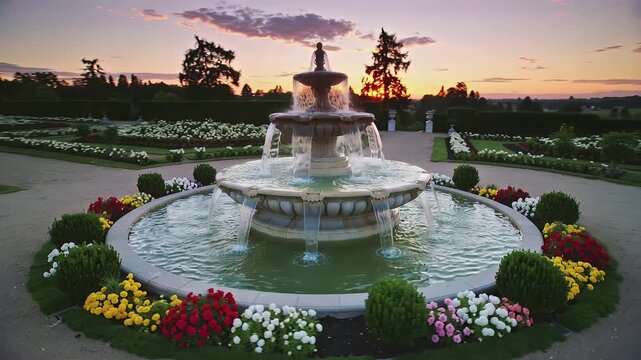 Beautiful garden fountain at sunset with flowers in full bloom over four frames showcasing nature's beauty