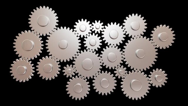 Loop of Metallic Gears Turning and Meshing, includes a Luma Matte.
A high-quality, 3D rendered animation featuring a complex network of silver metallic gears and cogs interlocked and turning in unison