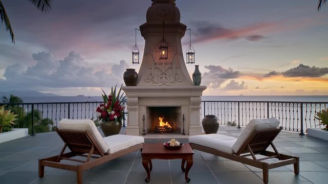 Cozy evening at a beachside fireplace with sunset views over the ocean