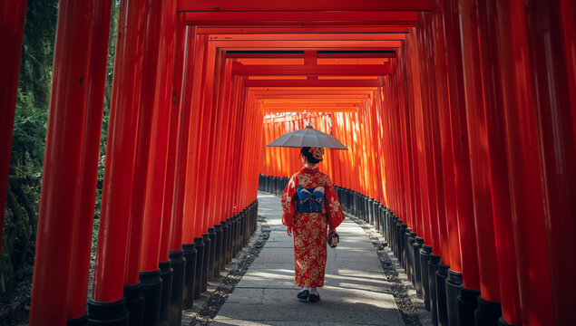朱色の鳥居が続く神社で着物姿の日本人女性が参拝する旅行写真