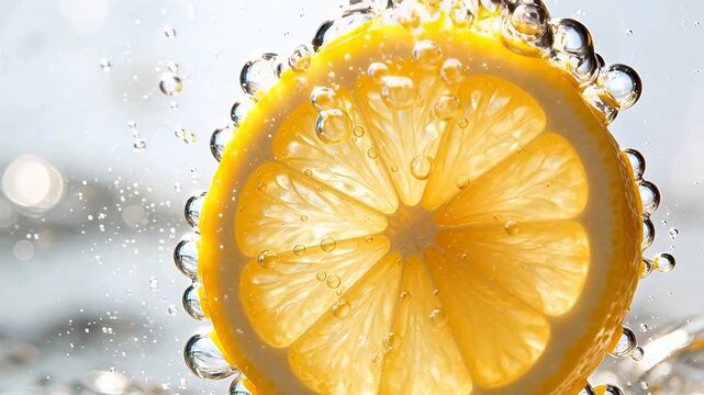 Sliced lemon in water with bubbles