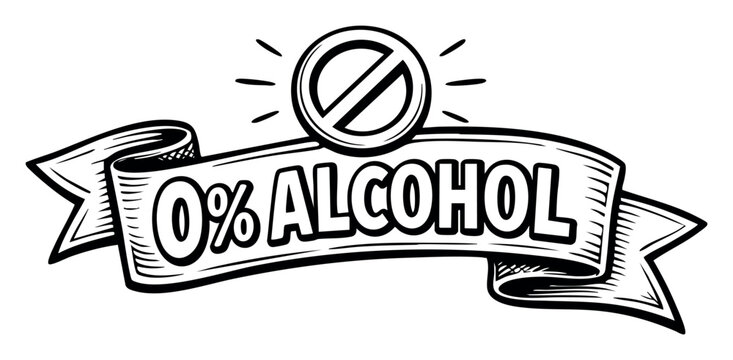 Ribbon banner with no alcohol symbol, promoting an alcohol-free lifestyle, wellness, and balance