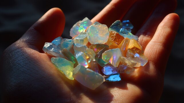 Macro photograph of a hand holding bright crystal chips in soft, luminous light