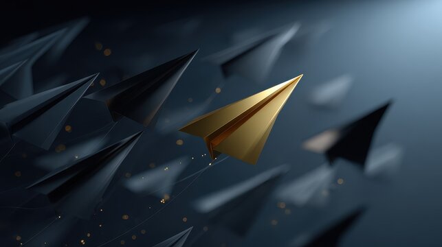 Moody dark background illustration of a squadron of black paper planes coordinated by a luminous gold leader