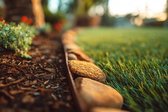 Neatly defined lawn edge along a flower bed with decorative edging in a sunlit backyard