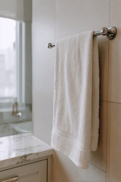 Natural daylight highlights a white bath towel in a serene home bathroom