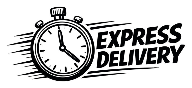 Stopwatch icon and text express delivery creating a logo graphic, representing swift service, urgency, and quick transportation