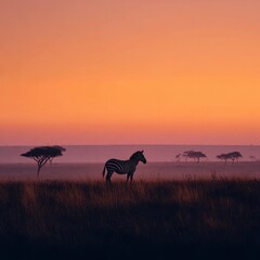 Obraz premium Quiet savanna scene featuring a bold zebra silhouette at golden hour