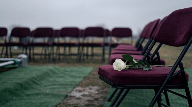 White rose resting on a burgundy velvet chair at a graveside funeral for a military veteran. Rows of empty chairs arranged for a memorial service on a somber day in a cemetery.