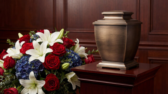 Bronze funeral urn with patriotic flower arrangement featuring lilies, roses and hydrangeas. Memorial service for American veteran after death. Respectful tribute to fallen soldier legacy.