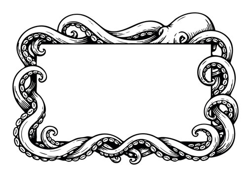 Octopus tentacles creating a decorative border or frame, drawing a vintage style kraken or mythological sea monster animal