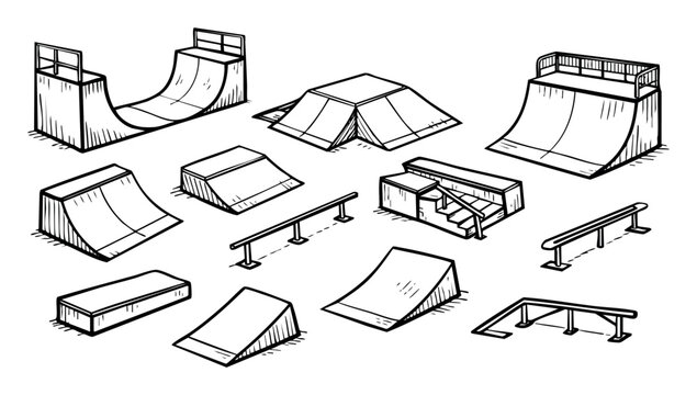 Doodle drawing of various skatepark elements including ramps, half pipes, quarter pipes, rails, ledges, and fun boxes