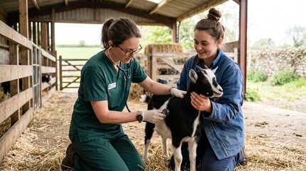 young woman holding goat for veterinarian examination on rural farm livestock care scene