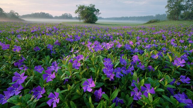 Wild vinca blossoms spread over a rolling field in quiet greenery