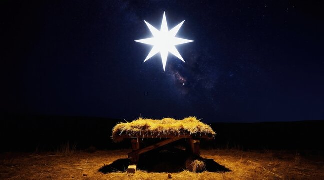Bright star shines over empty manger filled with hay on grassy field. Dark night sky with galaxy above. Peaceful nativity scene, religious symbol of hope and new beginnings.