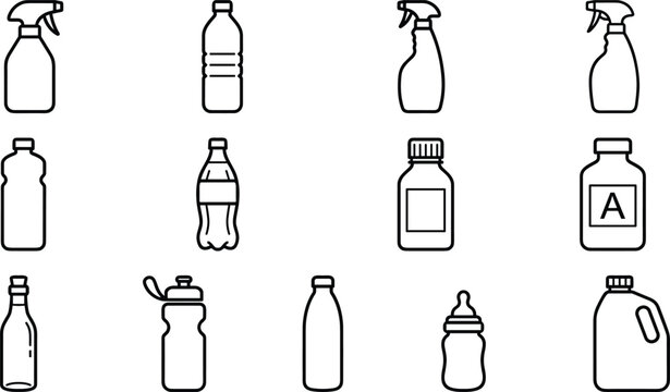 Set of black line icons depicting various types of bottles including spray, water, medical, baby, and household containers