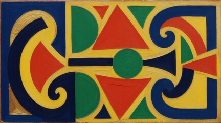 Fototapeta premium Abstract painting with bold geometric shapes and bright colors. Circles triangles and curves form a vibrant rhythmic pattern. Art created with thick brushstrokes in yellow blue red and green.