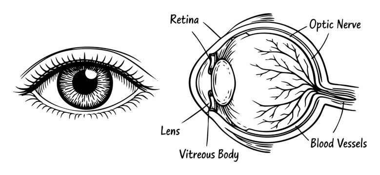 Depicting an intricate diagram of the human eye, detailing its internal components and vision physiology for medical and educational content