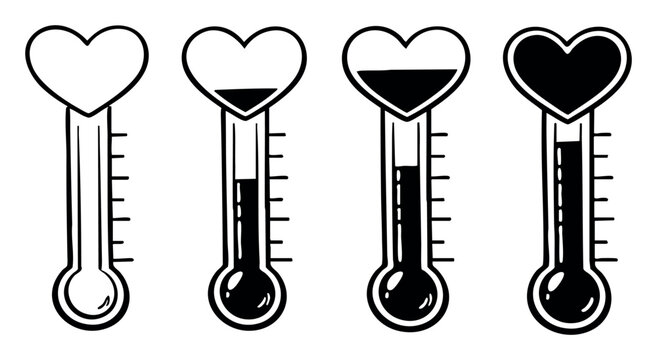 Heart thermometers illustrating varying degrees of love, passion, and emotional health, from empty to completely full