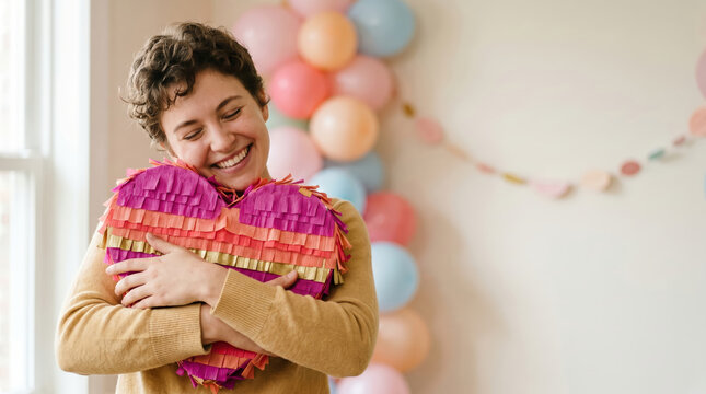 Woman hugging heart shaped pinata. Joyful girl holding festive toy for birthday party celebration. Decorative paper craft for party game and event entertainment. Romantic holiday gift.