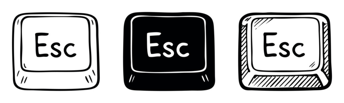Escape key button illustrations in a hand drawn doodle style, representing commands to stop, exit, or cancel