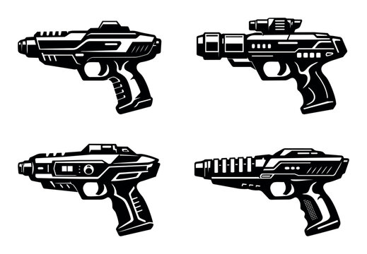 Science fiction laser guns and rayguns set. Weapon collection for gaming, comics, and space adventure concepts