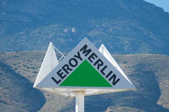 Finestrat, Spain, May 23, 2026: Leroy Merlin logo signboard on pylon stand. Leroy Merlin is French home improvement and gardening retailer