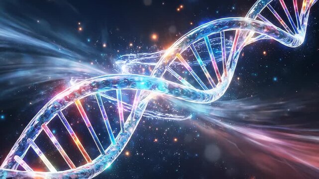 Abstract DNA helix structure with cosmic nebula and glowing particles
