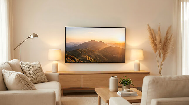Modern living room with a large tv on a wooden console table