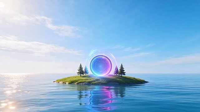 Island with glowing portal in water