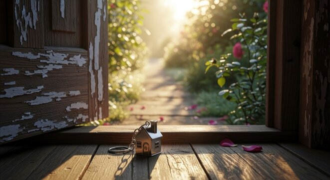 Porte ouverte ensoleill&eacute;e, cl&eacute;s sur le plancher