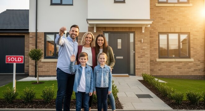Une famille souriante devant sa nouvelle maison c&eacute;l&egrave;bre l'acquisition de cette propri&eacute;t&eacute; avec les cl&eacute;s.