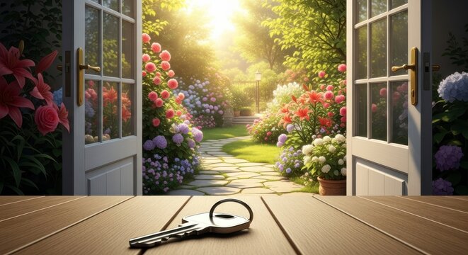 Les portes ouvertes r&eacute;v&egrave;lent un jardin ensoleill&eacute; avec des fleurs et une cl&eacute; sur une table en bois