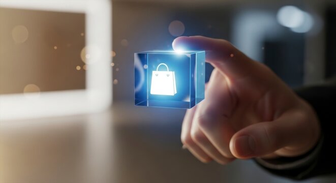Une personne interagissant avec l'ic&ocirc;ne d'un sac d'achat num&eacute;rique repr&eacute;sentant le commerce de d&eacute;tail en ligne