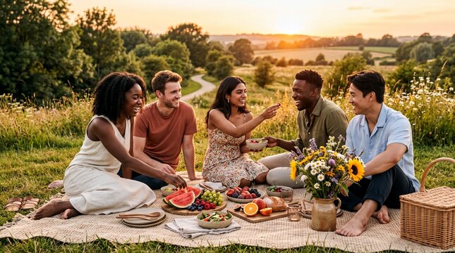 outdoor gathering, a diverse group of friends enjoys a vibrant picnic on a beige blanket
