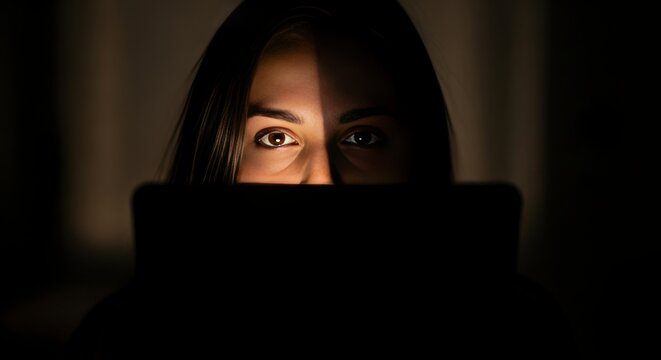 Les yeux d'une femme se penchent par-dessus un ordinateur portable &eacute;clair&eacute; par une lumi&egrave;re z&eacute;nithale dans une ambiance tamis&eacute;e.
