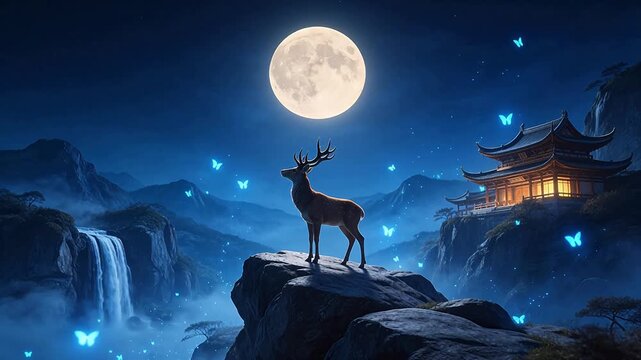 Deer on rock under moonlit sky
